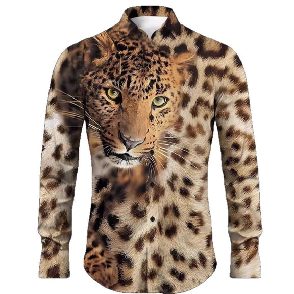 VOUZZA Mens Shirt Leopard Print Long Sleeve Button Down Lapel Top Stylish Trend Comfortable Casual Dress Shirt for Men
