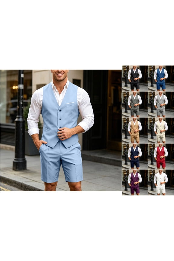 Mens Suit Set Casual Vest and Matching Shorts 2 Piece Lightweight Outfits Wedding Prom Tuxedo