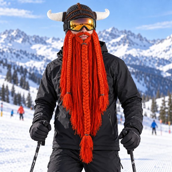 VOUZZA Mens Viking Hat Horned Beanie Long Braided Beard Mustache and Tassels Novelty Winter Headwear