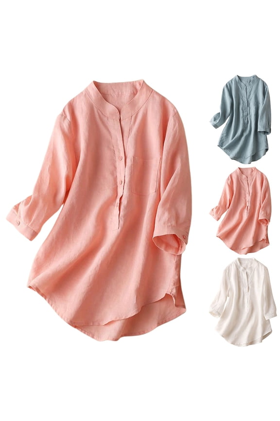 Mexican Tops for Women Summer Thin Solid Shirts Bohemian Tunic Fiesta Plus Size Boho Peasant Blouses Stand Collar 3/4 Sleeve Linen Top