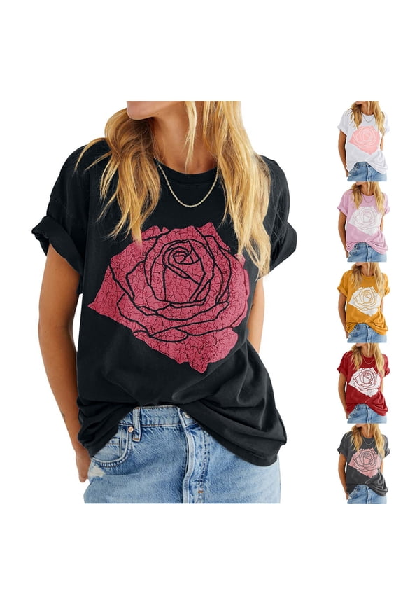 Oversized T-Shirts for Women Rose Graphic Loose Fit Summer Short Sleeve Boyfriend Casual Crew Neck Tees Womens Graphics Tops