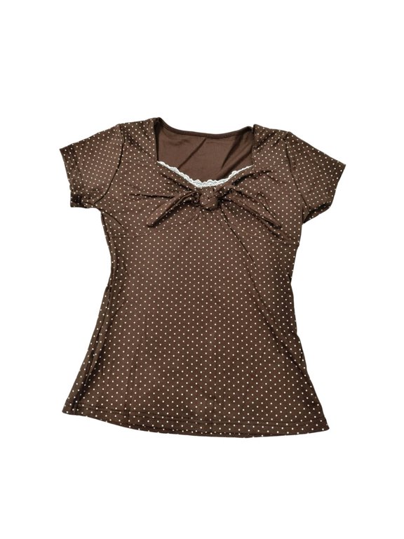 Polka Dot Print Tee for Women French Flutter Sleeve Square Neck Bow Tie Slim Waist Top Summer Elegant Vintage Streetwear Outfits