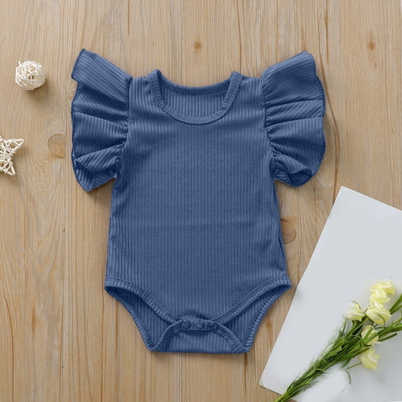 VOUZZA Ribbed Baby Girls Romper, Short Sleeve Ruffle Lace Bodysuit, Plain Solid Color Cotton One Piece Jumpsuit Outfits, 0-24 Months