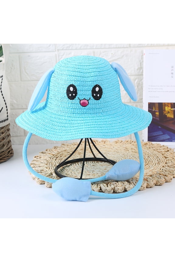 Straw Hat with Magic Moving Ears, Cute Cartoon Rabbit Sun Protection Cap with Squeeze Ear Flaps, Wide Brim Summer Beach Hat for Kids