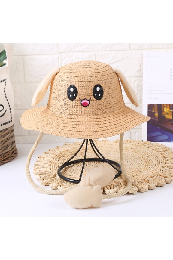 Straw Hat with Magic Moving Ears, Cute Cartoon Rabbit Sun Protection Cap with Squeeze Ear Flaps, Wide Brim Summer Beach Hat for Kids