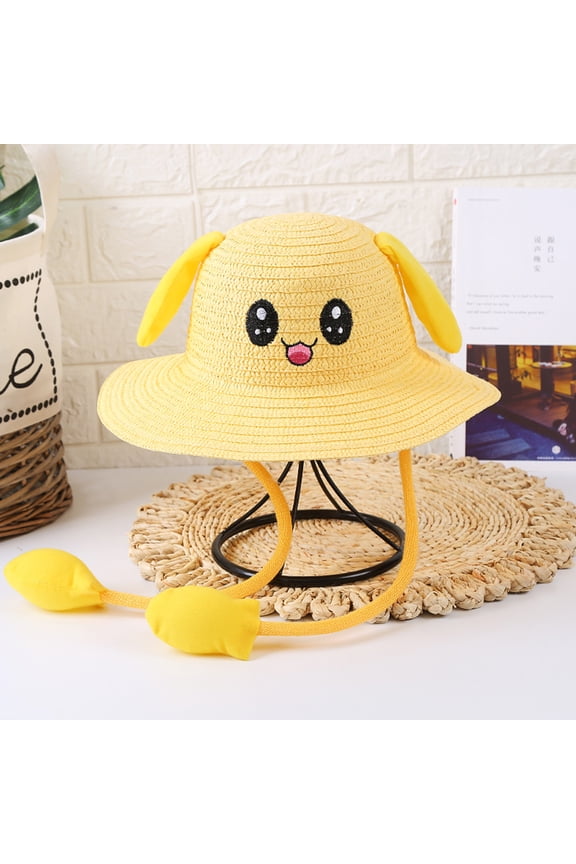 Straw Hat with Magic Moving Ears, Cute Cartoon Rabbit Sun Protection Cap with Squeeze Ear Flaps, Wide Brim Summer Beach Hat for Kids