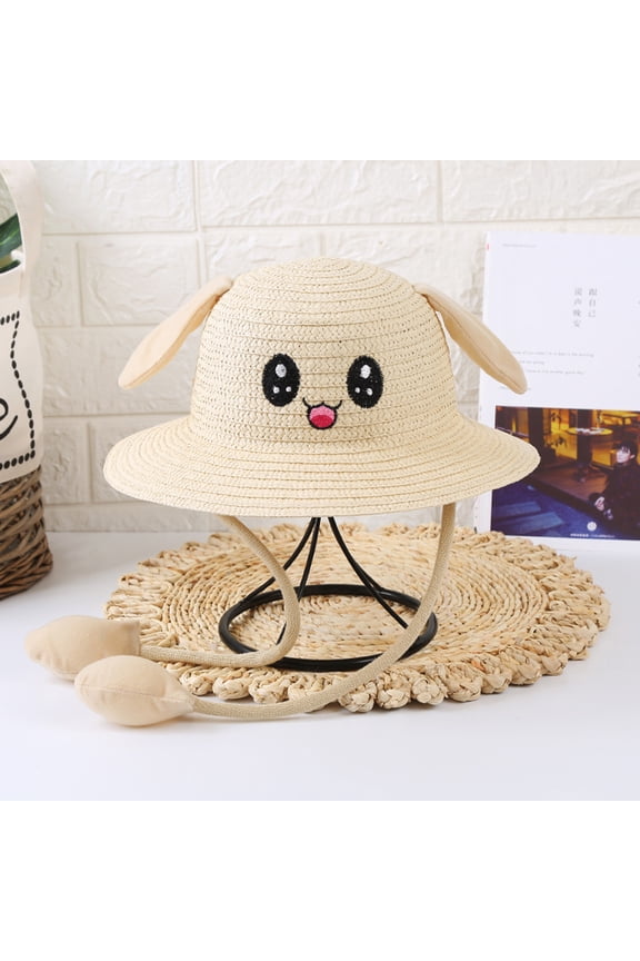 Straw Hat with Magic Moving Ears, Cute Cartoon Rabbit Sun Protection Cap with Squeeze Ear Flaps, Wide Brim Summer Beach Hat for Kids