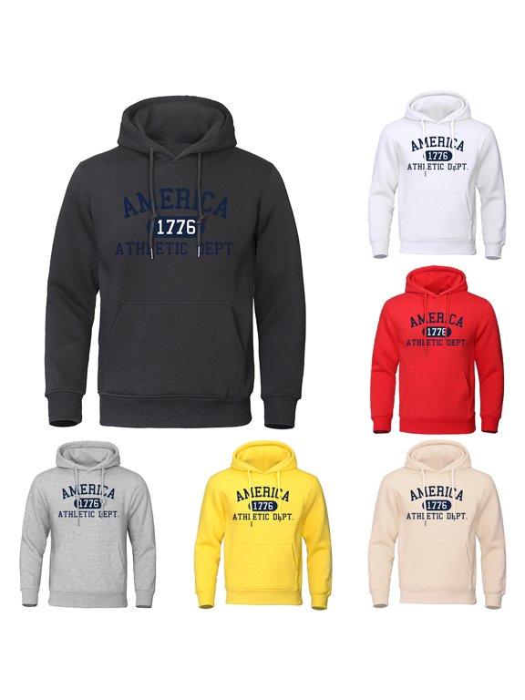 Sweatshirts for Men 1776 Letter Graphic Crewneck Long Sleeve Lined Pullover Hoodie with Pocket, Casual Sweater Top