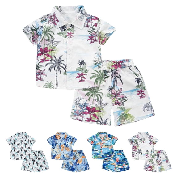 VOUZZA Toddler Boy Outfits Hawaiian Style Tropical Print Shirt and Elastic Waist Shorts 2-Piece Set Baby Boys Beach Vacation Wear Clothing Outfits