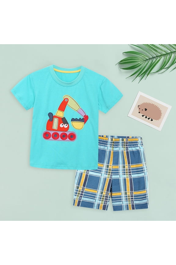 Toddler Boys Clothes Set Summer Trend Letter Print Short Sleeve Tee Top and Gingham Checkered Active Shorts 2pc Outfits