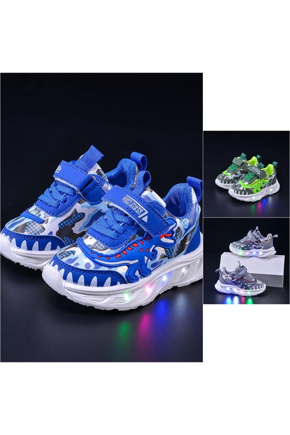 Toddler Boys Light Up Shoes, Fashion Cartoon Dinosaur PU Leather Sneakers, Non Slip Breathable Luminous Walking Sport Shoes for Kids 1-6 Years