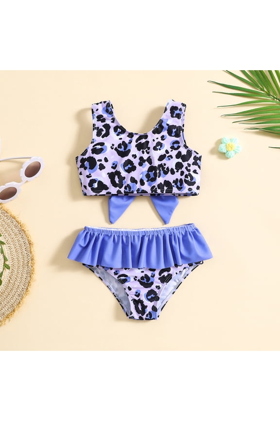 Toddler Girls 2-Piece Swimsuit Fashion Leopard Cheetah Print Ruffle Trim Sleeveless Cami Bikini Top and Bow Briefs Bathing Suit