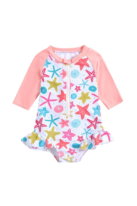 Toddler Girls Long Sleeve Cartoon Star Print Swimsuit, Ruffle Trim One Piece Rash Guard Surf Swimwear, 1-Piece