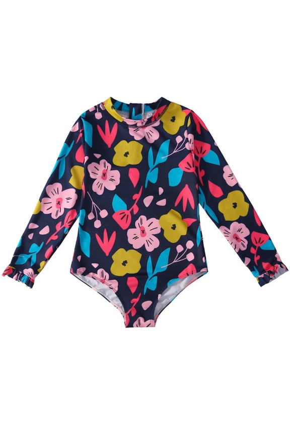 Toddler Girls Long Sleeve Floral Swimsuit, Cartoon Flower One Piece Rash Guard, UPF 50+ Sun Protection, 1pc