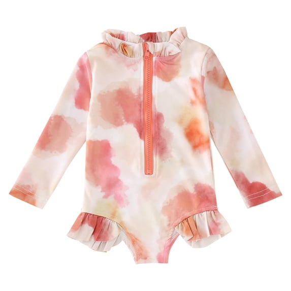 VOUZZA Toddler Girls Long Sleeve One Piece Swimsuit, Tie Dye Gradient Ruffle Rash Guard, UPF 50+ Sun Protection, 1pc