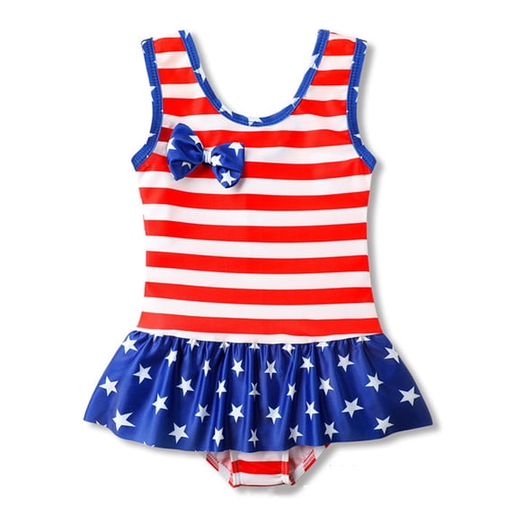 VOUZZA Toddler Girls Patriotic Stripes Print One Piece Swimsuit Sleeveless Ruffled Bathing Suit for July 4th Independence Day Celebration Beachwear