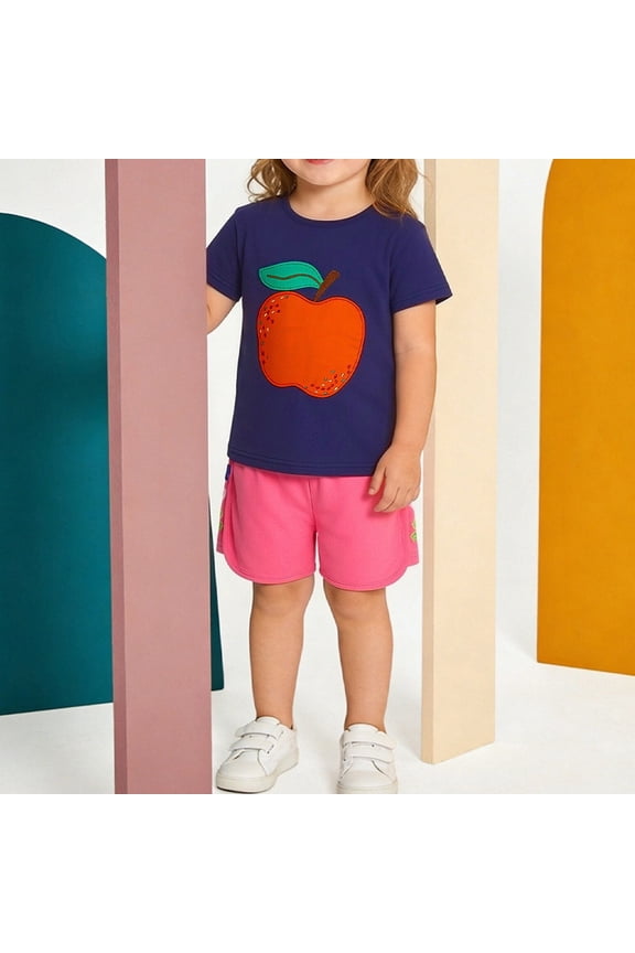 Toddler Kids Fashion Outfit Apple Embroidery Short Sleeve Top and Matching Shorts 2-Piece Summer Clothing Set