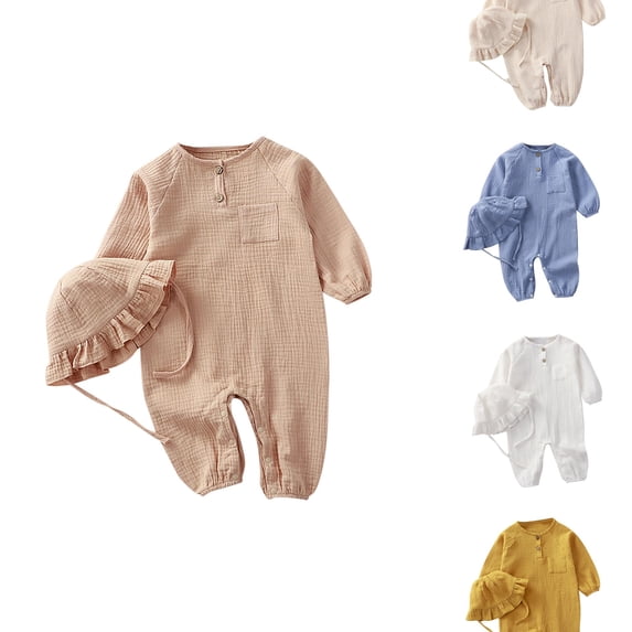 VOUZZA Toddler Romper Boys Long Sleeve Linen Button Down Romper Bonnet Hat Toddler Jumpsuit Baby Infant One Piece Jumpsuits Newborn Overalls Outfits