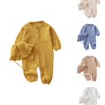 thumbnail image 1 of VOUZZA Toddler Romper Boys Long Sleeve Linen Button Down Romper Bonnet Hat Toddler Jumpsuit Baby Infant One Piece Jumpsuits Newborn Overalls Outfits, 1 of 3
