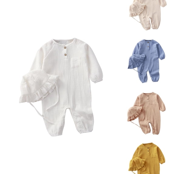 VOUZZA Toddler Romper Boys Long Sleeve Linen Button Down Romper Bonnet Hat Toddler Jumpsuit Baby Infant One Piece Jumpsuits Newborn Overalls Outfits