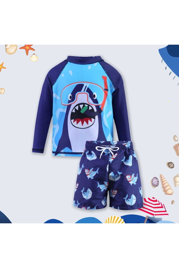 UPF 50+ Boys Cartoon Shark Rash Guard Set, UV Protection Long Sleeve Swim Shirt and Swim Trunks, 2-Piece Bathing Suit for Kids 3-8Y