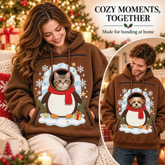 VOUZZA Unisex Christmas Pet Pouch Hoodie, Penguin Snow Globe Long Sleeve Sweatshirt Pullover with Round Front Puppy Pocket for Small Dogs and Cats