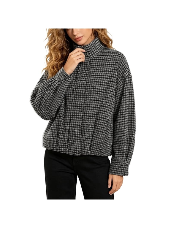 Women Oversized Cropped Gingham Jacket Zip Up Stand Collar with Batwing Sleeves Casual Checkered Coat Spring Fall