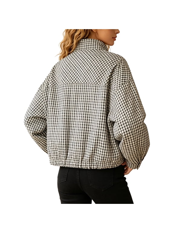 Women Oversized Cropped Gingham Jacket Zip Up Stand Collar with Batwing Sleeves Casual Checkered Coat Spring Fall