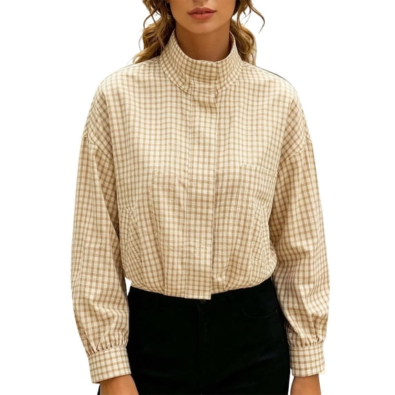 VOUZZA Women Oversized Cropped Gingham Jacket Zip Up Stand Collar with Batwing Sleeves Casual Coat Spring Fall