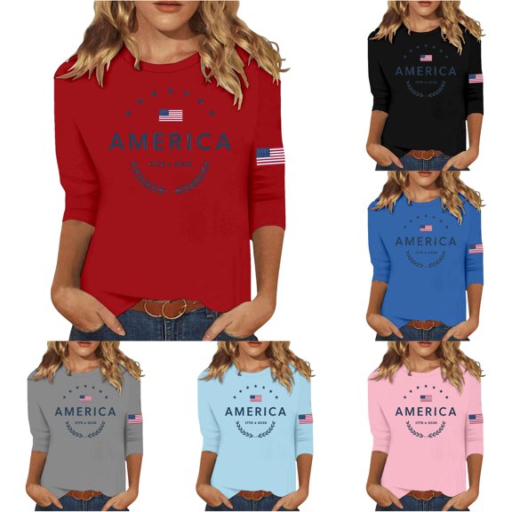 VOUZZA Women Patriotic T-Shirt Fourth of July USA Graphic Print 3/4 Sleeve Crewneck Tee Summer Casual Pullover Blouse