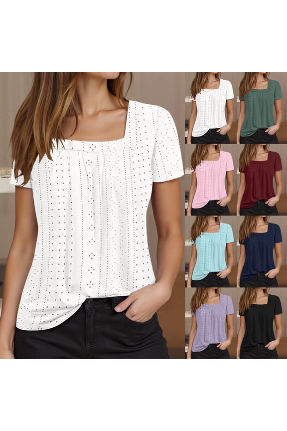 Women's Cutout Square Neck Top Solid Color Short Sleeve Tight Knit Tee Trendy Going Out Shirt