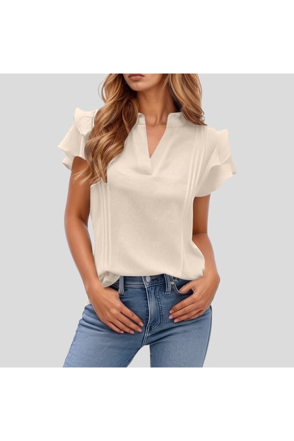 Women's Double Layer Ruffle Sleeve Top V Neck Dressy Casual Summer Blouse for Work Office