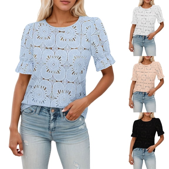 VOUZZA Women's Eyelet Tops Puff Short Sleeve Hollow Out Crochet Lace Embroidered Summer Shirts Round Neck Elegant Dressy Casual Blouse Tee Tops