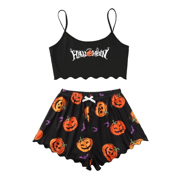 VOUZZA Women's Halloween Sleepwear 3 Piece Set Cami Top Short Sleeve Cardigan Shorts Soft Pumpkin Printed Loungewear Nightwear Lounge Pj Sets