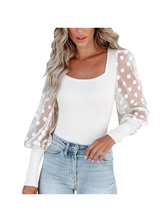 Women's Long Sleeve Square Neck Polka Dot Mesh Ribbed Patchwork Slim Fit Casual Base Layer Blouse Top