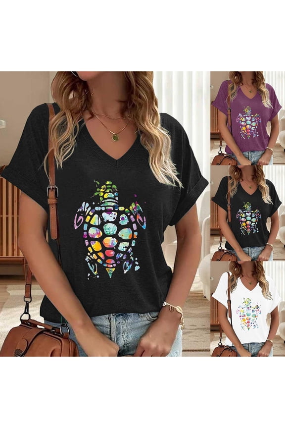 Women's T-Shirts V-Neck Tee Cute Summer Turtle Graphic Shirt Vintage Boho Flowers Short Sleeve T-Shirt Soft Breathable Lightweight Blouse