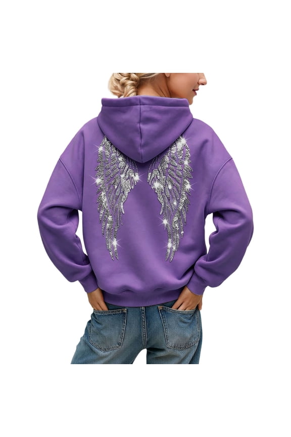 Womens Angel Wings Rhinestone Zip Up Hoodie Y2K Fashion Solid Color Long Sleeve Sweatshirt Fall Winter Casual Jacket