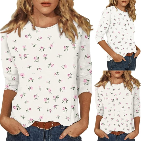 VOUZZA Womens Blouse 3/4 Sleeve Ditsy Floral Print Elegant V Neck Loose Fit Summer Pullover Shirt