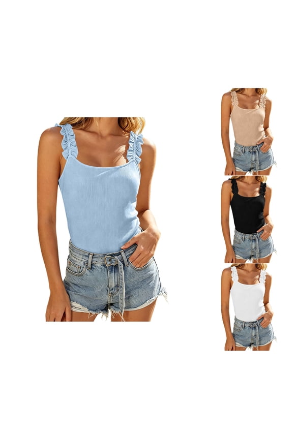 Womens Cami Top Off Shoulder Ruffle Trim Ribbed Knit Fitted Cropped Tank Pullover Sweater