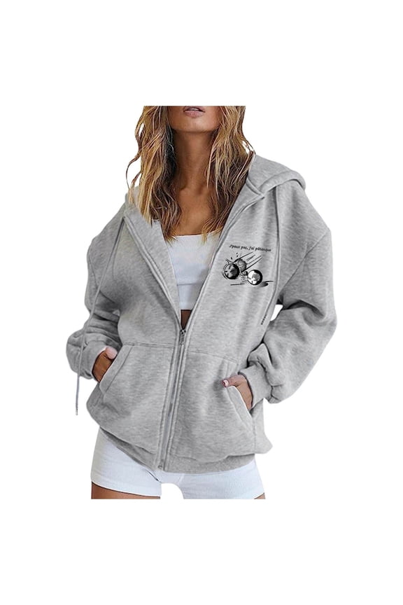 Womens Casual Zip Up Hoodie Solid Color Graphic Print Long Sleeve Hooded Sweatshirt Active Performance Jacket Coat with Side Pockets Fall Tops