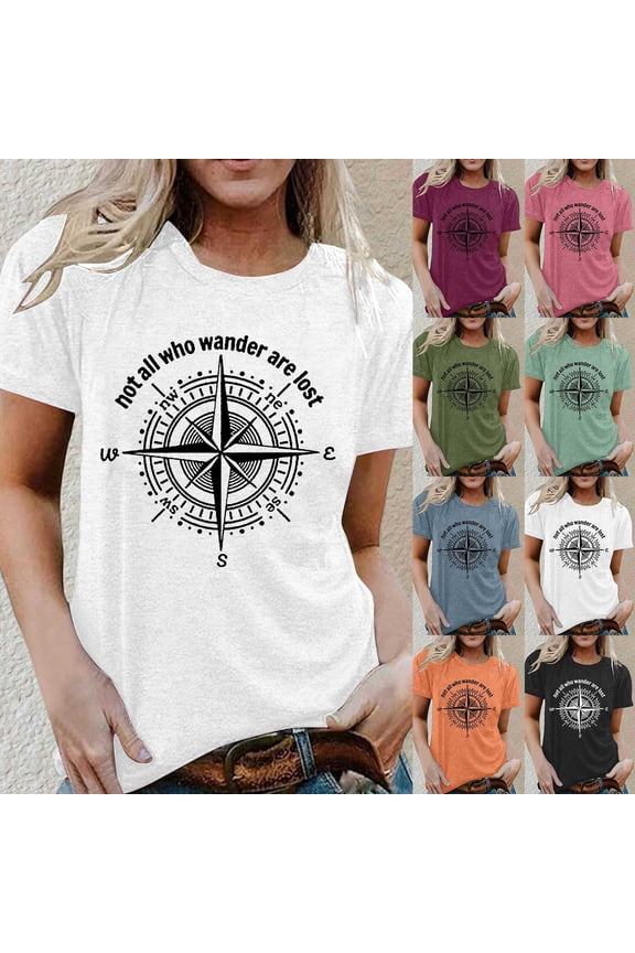 Womens Compass Graphic Tops Vacation Outfits Letter Print Crewneck Casual Short Sleeve Loose Fit T Shirts