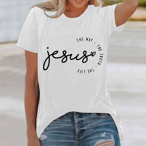 VOUZZA Womens Crew Neck Short Sleeve T Shirt Jesus Letter Print Faith Pattern Tee Casual Summer Top
