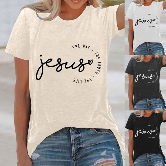 VOUZZA Womens Crew Neck Short Sleeve T Shirt Jesus Letter Print Faith Pattern Tee Casual Summer Top