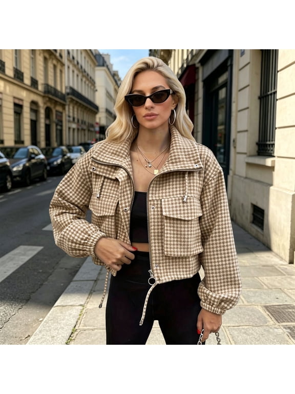 Womens Cropped Jacket Houndstooth Check Zip Front Stand Collar Coat Drawstring Hem Flap Pockets Long Sleeve Casual Shacket