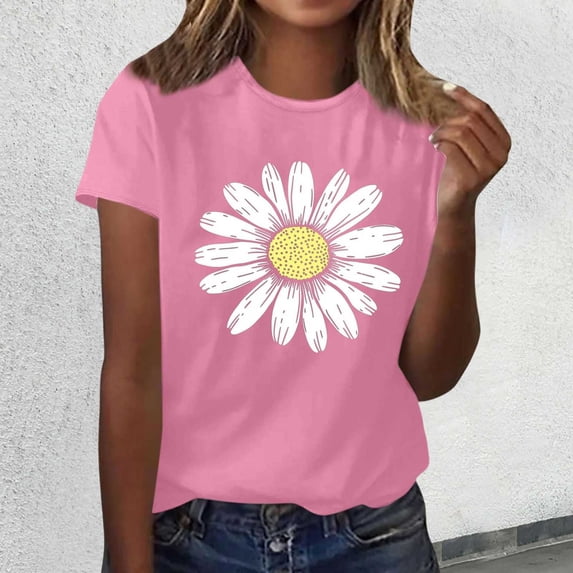 VOUZZA Womens Daisy Floral Graphic T-Shirt Crewneck Short Sleeve Regular Fit Tunic Vintage Casual Summer Tee
