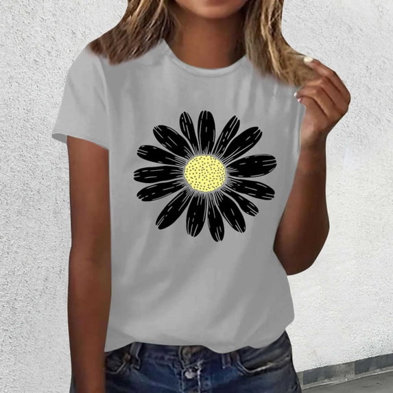 VOUZZA Womens Daisy Floral Graphic T-Shirt Crewneck Short Sleeve Regular Fit Tunic Vintage Casual Summer Tee