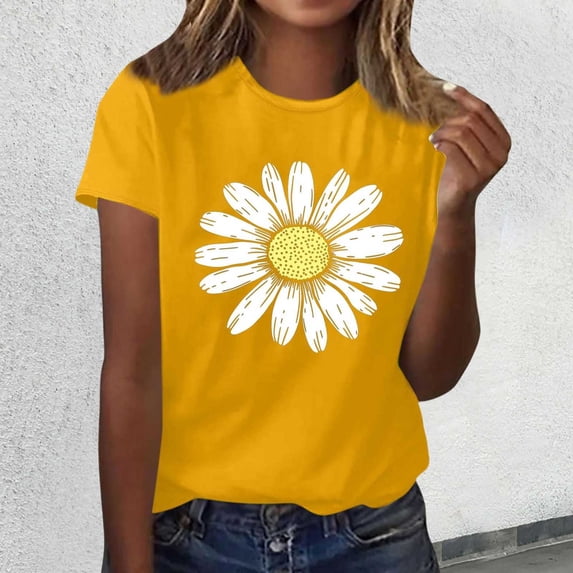 VOUZZA Womens Daisy Floral Graphic T-Shirt Crewneck Short Sleeve Regular Fit Tunic Vintage Casual Summer Tee