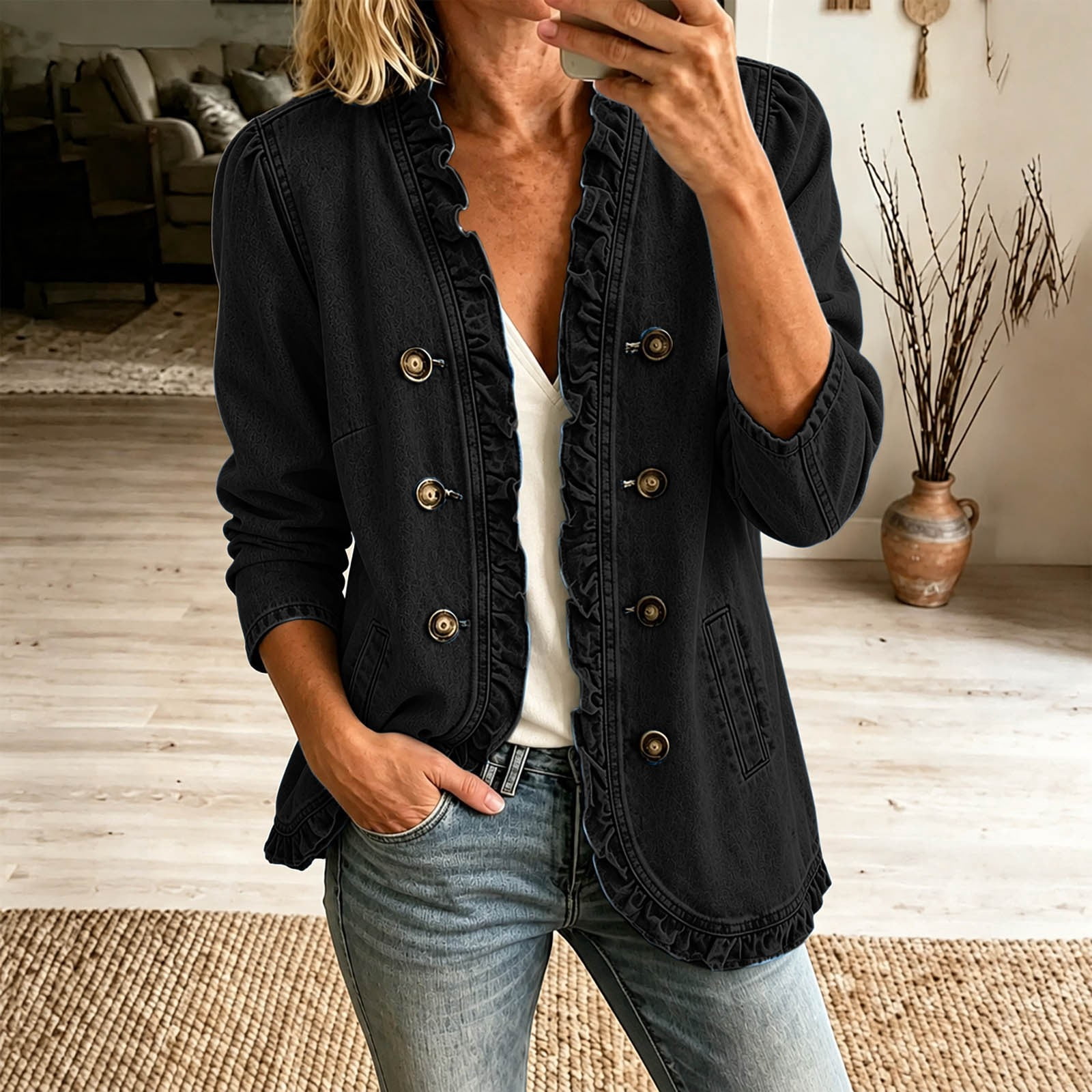 Ruffle Button Jacket VOUZZA Womens Denim Jacket Ruffle Double Button Front Long Sleeve ...