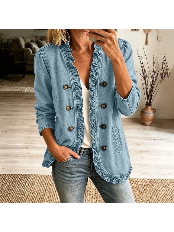Womens Denim Jacket Ruffle Double Button Front Long Sleeve Casual Jean Blazer with Pockets