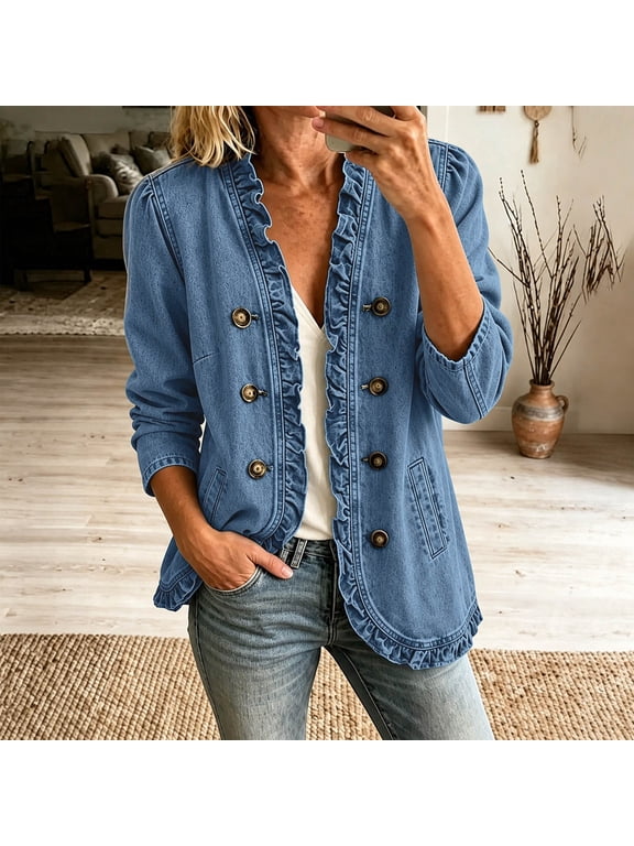 Womens Denim Jacket Ruffle Double Button Front Long Sleeve Casual Jean Blazer with Pockets